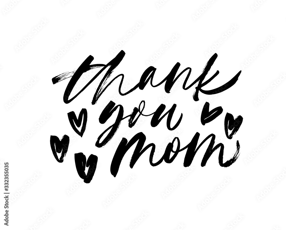 Thank you mom- quote handwritten with a brush. Modern vector brush calligraphy with graphic hearts.