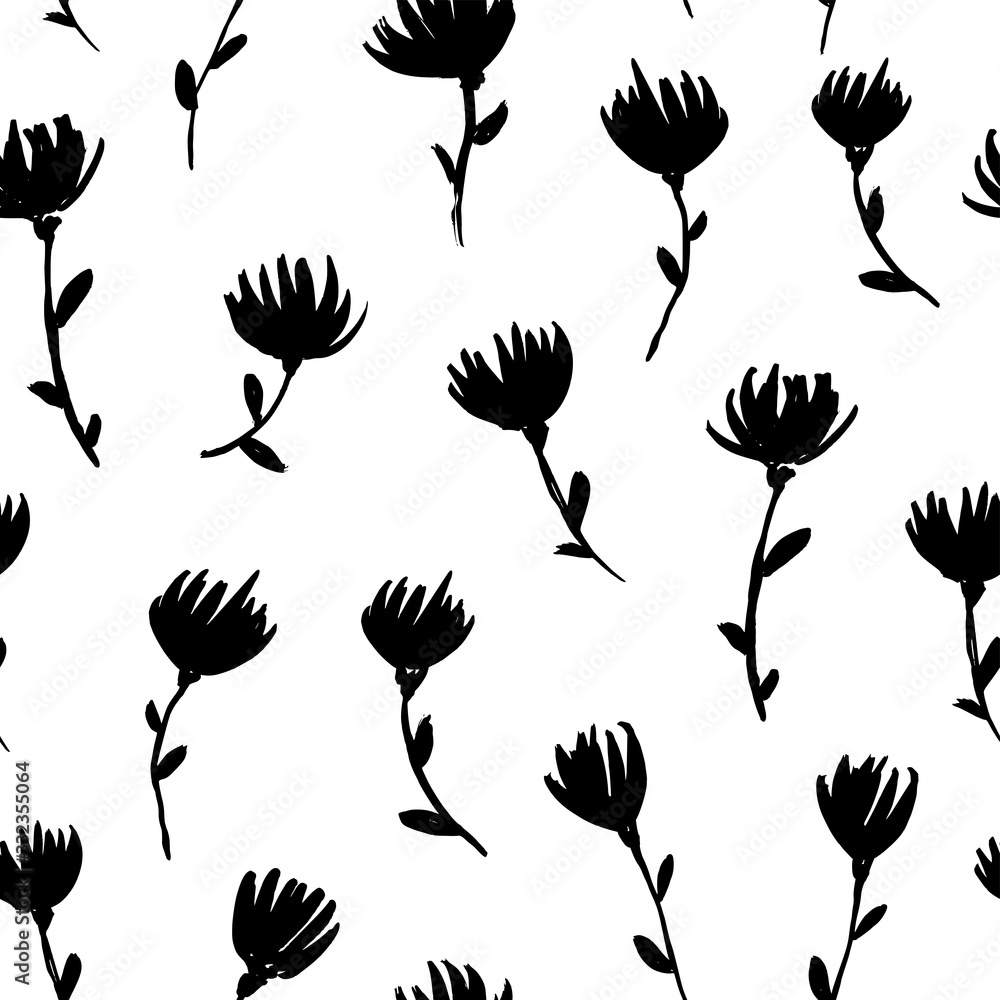 Obraz premium Floral vector seamless pattern with daisies. Hand drawn grunge pattern with silhouette flowers.