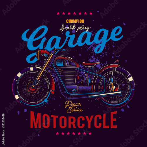 Original vector illustration in neon style. T-shirt or poster design with an illustration of an old motorcycle. photo