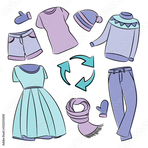 CLOTHING RECYCLING Global Ecological Environmental Pollution Problem Vector Illustration Set for Print Fabric and Decoration
