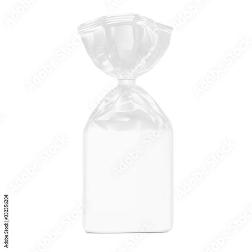 Bag package mockup. Transparent plastic bag with clip. Vector illustration isolated on white background. Packaging template ready for your design, presentation, promo, adv. EPS10.	