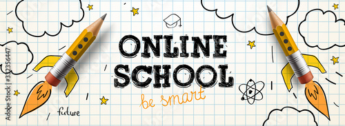 Online School. Digital internet tutorials and courses, online education. Vector banner template for website and mobile app development