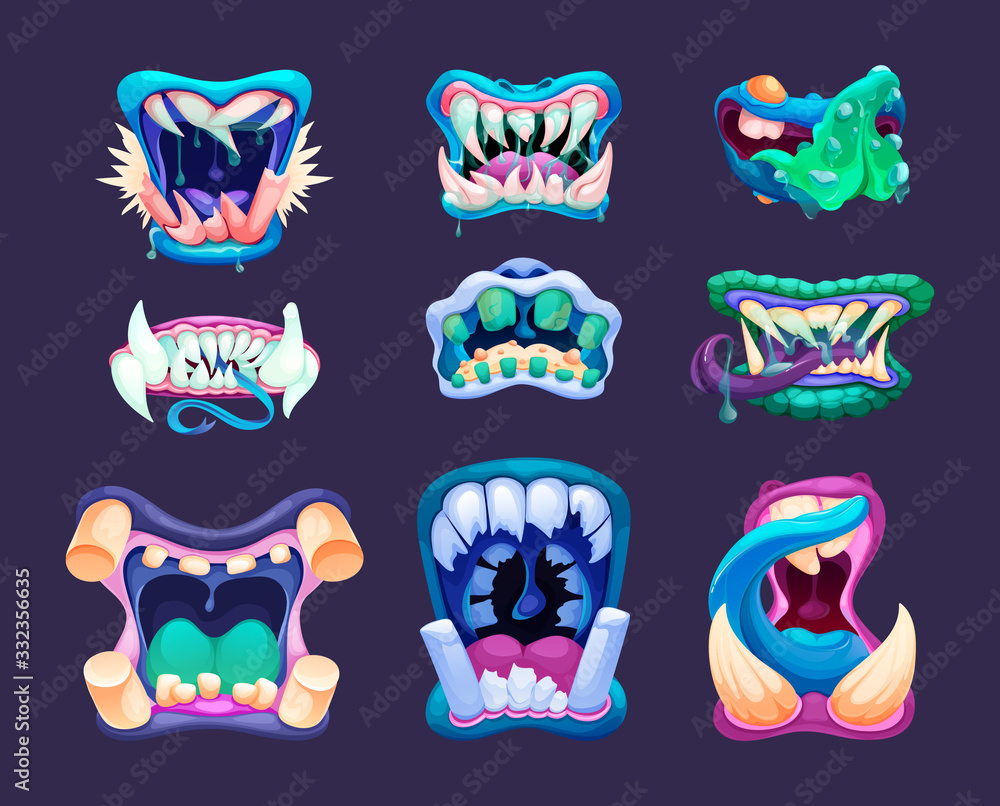 Terrible monster mouths. Scary lips teeth and tongue monsters ...