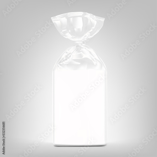 Bag package mockup. Transparent plastic bag with clip. Vector illustration on grey background. Packaging template ready for your design, presentation, promo, adv. EPS10.	