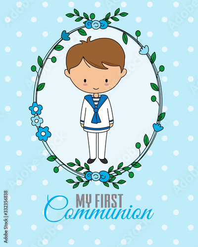 First communion card. Boy inside flower frame	