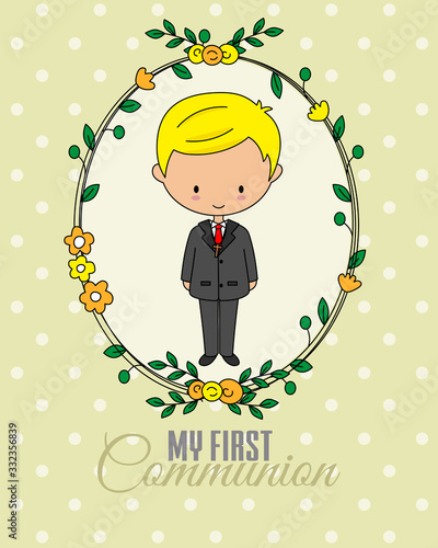 First communion card. Boy inside flower frame	