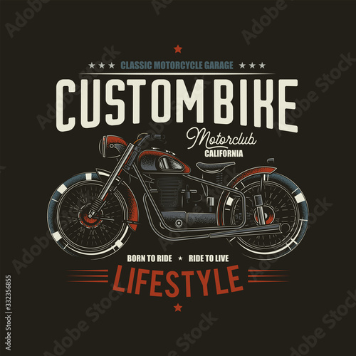 Original vector illustration in retro style. American motorcycle custom made. T-shirt design