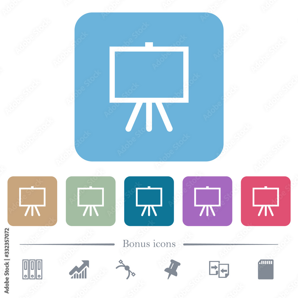 Easel with blank canvas flat icons on color rounded square backgrounds