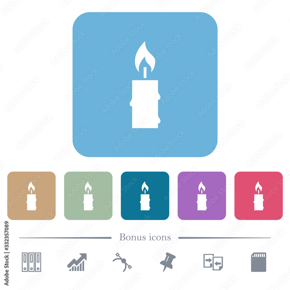 Burning candle with melting wax flat icons on color rounded square backgrounds Burning candle with melting wax flat icons on color rounded square backgrounds
