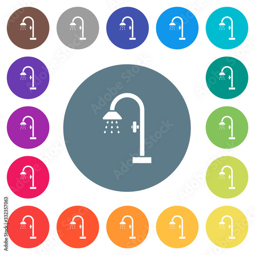 Shower flat white icons on round color backgrounds
