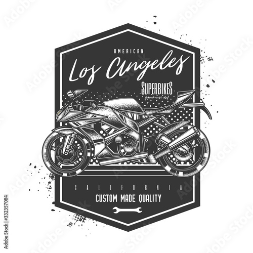 Original monochrome vector emblem in vintage style. The fastest motorcycle. Superbike.