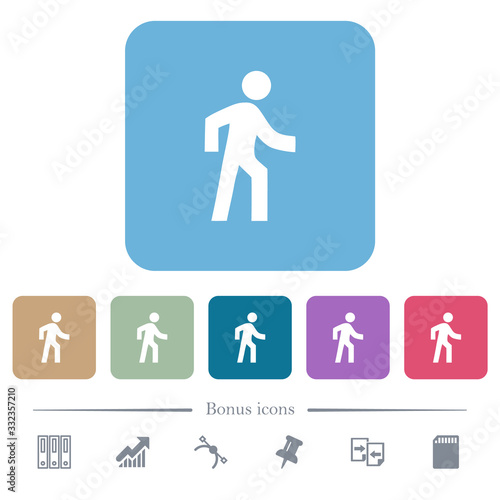Man walking right flat icons on color rounded square backgrounds