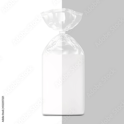 Bag package mockup. Transparent plastic bag with clip. Vector illustration on grey background. Packaging template ready for your design, presentation, promo, adv. EPS10.	