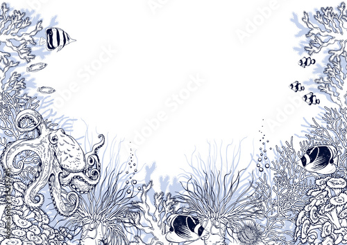 Coral reef scenery with underwater creatures and tropical fishes.
