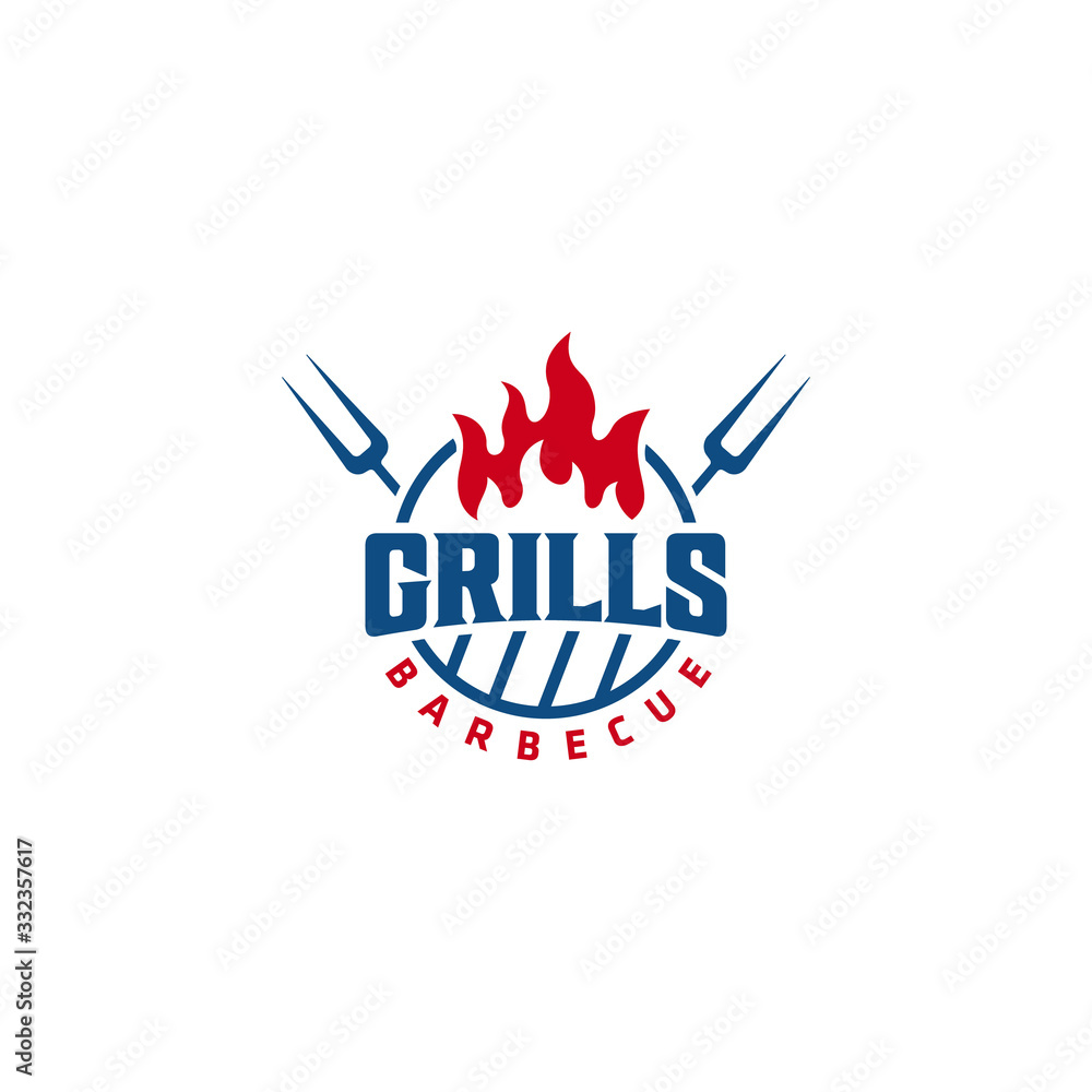 Vintage Grill Barbeque bbq with crossed fork and fire flame Logo design ...