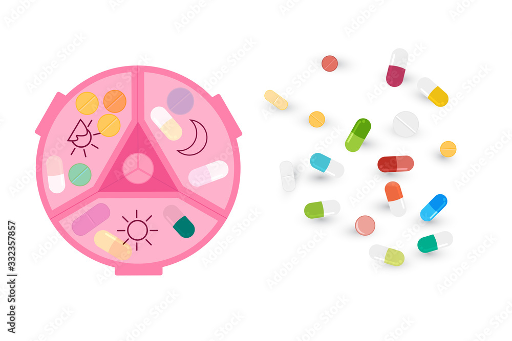Daily Pill Organizer 3 Times a Day. Medical Concept, Illustration of Pharmacy Bag with Pill Container Daily Pill Organizer 3 Times a Day. Medical Concept, Illustration of Pharmacy Bag with Pill Container