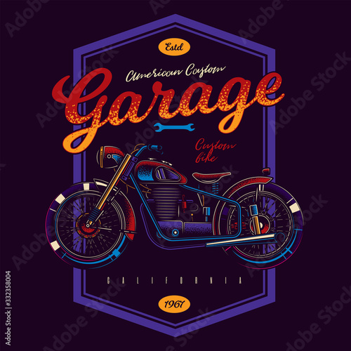 T-shirt or poster design with an illustration of an old American motorcycle custom made. Design with text composition in neon style