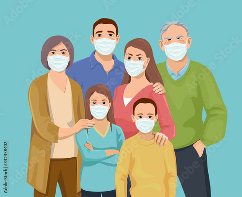 Big family together is wearing medicine masks. Quarantine. Preventive protective measures against the spread of the virus. Isolated vector illustration.
