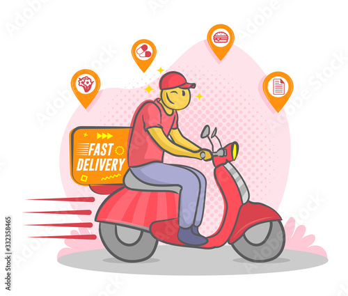 Fast delivery by scooter. Funny doodle Courier on the moto scooter delivers pharmaceuticals food flowers documents.