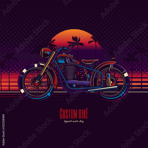 Original vector illustration in neon style. American motorcycle custom made on the beach against the background of the sea, palm trees and sunset.