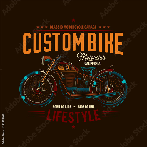 Original vector illustration in retro style. T-shirt or poster design with an illustration of an old motorcycle.