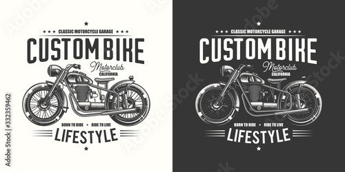 T-shirt or poster design with an illustration of an old motorcycle. Design with text composition on light and dark background.
