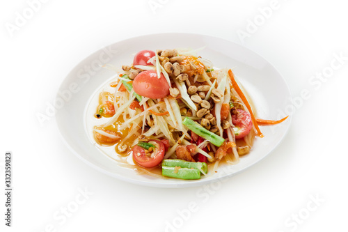 Spicy papaya salad northeast Thai food on white