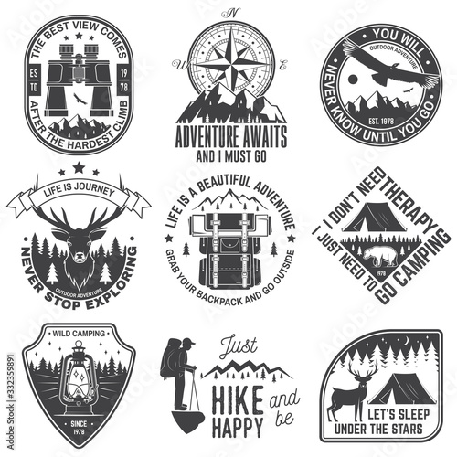 Set of outdoor adventure quotes symbol. Concept for shirt or logo, print, stamp or tee. Vintage design with backpack, binoculars, mountains, bear, deer, tent, lantern and forest silhouette