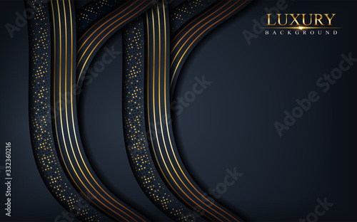 Dynamic navy luxury background with sparkling golden lines and dots composition. photo