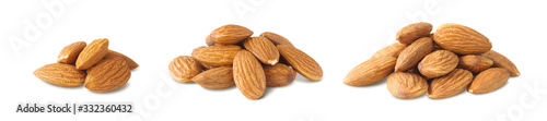 Almonds Collection. Set of Almond Kernels Isolated on White Background. Full Depth of Field