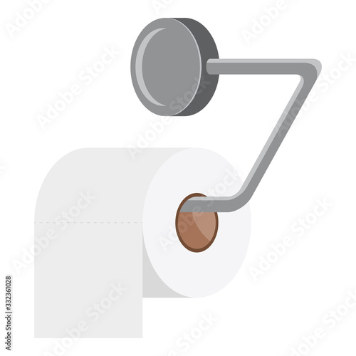 Toilet paper roll holder. White roll of toilet paper. Steel tissue paper dispenser. Hank of toilet paper. Vector illustration in flat style.