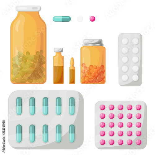 Collection of pharmacy drug in bottle and box. Medicine pill. Medication, pharmaceutics. Hospital set of drugs. Vector illustration.