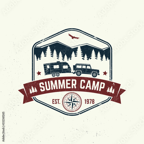 Summer camp. Vector. Concept for shirt or logo, print, stamp or tee. Vintage typography design with camper trailer, forest and mountain silhouette.