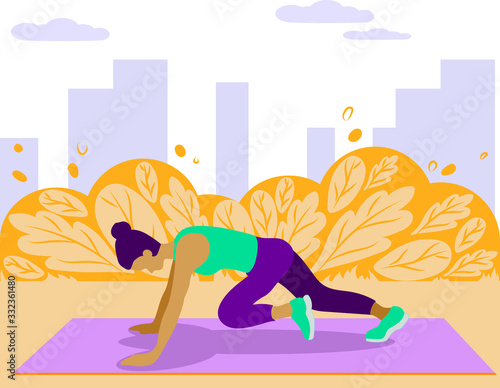 Woman goes  for sports in park on nature. Banner Flat Productive Outdoor Fitness Lettering. Flyer Fitness Involves Healthy Eating. Girl Goes in for Sports Outside in Summer Park. 