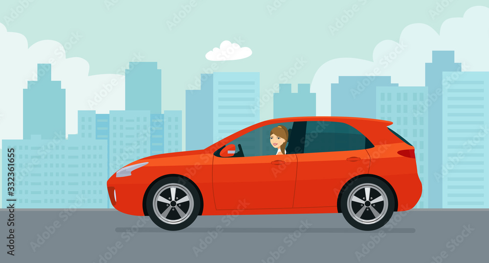 Hatchback car with a young woman driving on a background of abstract cityscape. Vector flat style illustration.