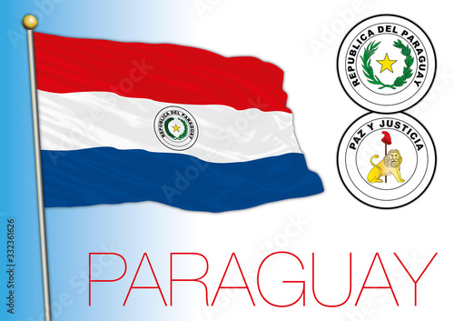 Paraguay official national flag and coat of arms, south america, vector illustration