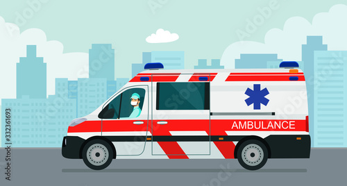 Ambulance van with a driver in a medical mask against the background of an abstract cityscape. Vector flat style illustration.