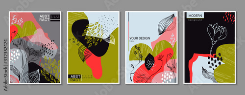 Vector collection of trendy creative cards with hand drawn floral elements, flowers and palnts and different textures. photo
