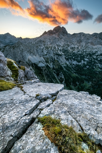 Sunset in the Julian Alps of Slovenia in the Triglav National Park looking at Triglav Mountain