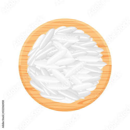 rice seed raw on circle wood plate, isolated on white, grains rice and paddy seed on wooden tray, pile rice grains, illustration rice barley white seed macro concept, vegetarian food for clip art