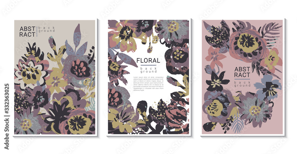 Obraz premium Vector collection of trendy creative cards with hand painted flowers, leaves and different textures