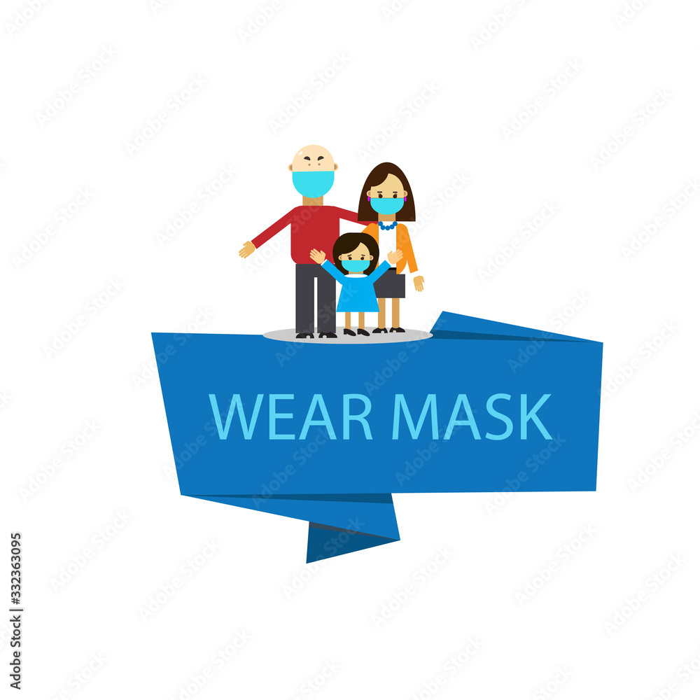 The family wears medical masks to prevent diseases, viruses, flu, allergens, air pollution, polluted air, world pollution. 