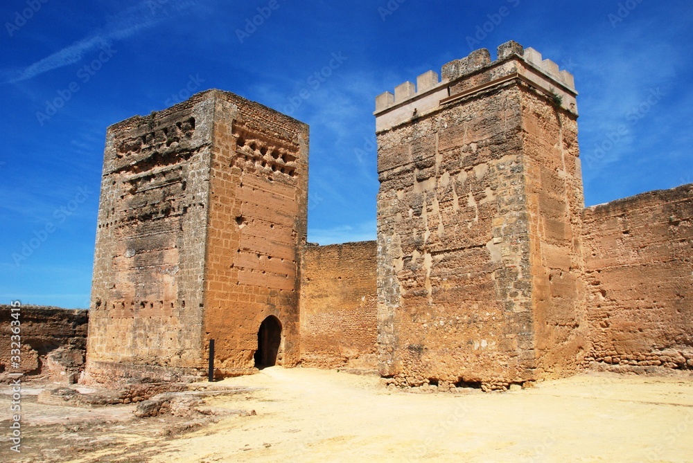 View of the Moorish castle towers, Alcala de Guadaira, Spain.