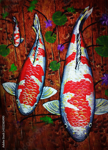 Art painting oil color Fancy Carp Fish Lucky from Thailand