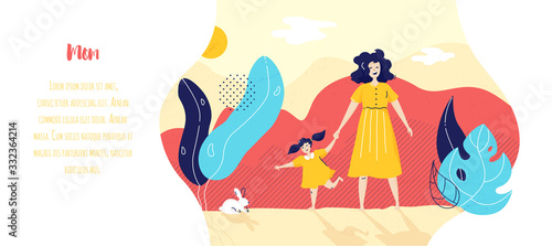 Happy mom and daughter are walking in the park. Family vector banner in flat linear style.