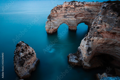 Curious shapes of rocks located on the Portugal Algarve Coast in the summer.