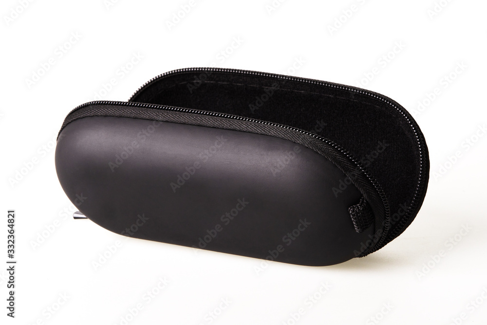 Open black protective sunglasses case on zipper isolated on white background Open black protective sunglasses case on zipper isolated on white background