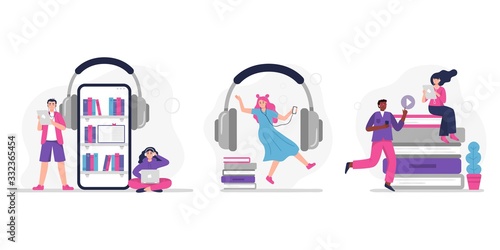 People listen to music, audiobook, podcast or language lessons. Set of concepts with people. Vector Illustrations in a modern flat style.