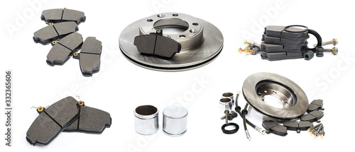 brake parts on white: brake pads, disc, brake hose, guides, cylinders - Image - Image