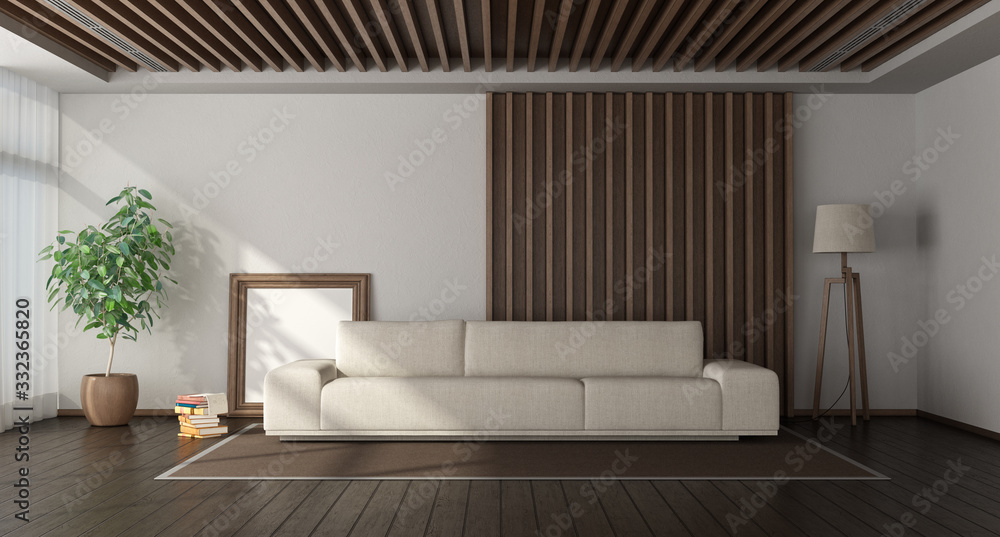 Fototapeta premium Minimalist living room with wooden paneling on background